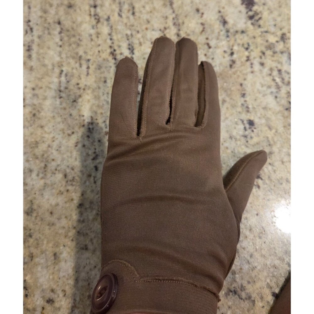 Vintage Womens One Size Brown Stretch Nylon Formal Short Gloves Button Accent